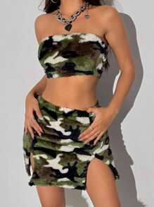 SHEIN Unity 女士迷彩印花毛絨管頂兩件套裝 - 軍綠色 - 查看 1