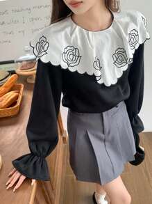 Dazy Designer Thêu hoa Tay áo loe Áo nỉ - Đen và trắng - Xem 5