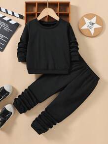 SHEIN 男孩實色連帽衫和長褲套裝 - 黑色 - 查看 1
