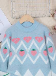 SHEIN Tween Girls' Strawberry & Geometric Pattern Round Neck Sweater - Blue - View 3