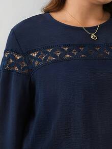SHEIN Frenchy Women's Plus Size Lace Splice Shirt - Navy Blue - View 6