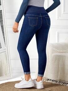 SHEIN Maternity Casual Adjustable Waist Slim Fit Jeans - Dark Wash - View 3