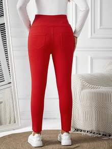 SHEIN 孕婦紅色緊身彈性牛仔褲,寬鬆舒適調節腰帶,休閒時尚聖誕裝