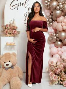 SHEIN Maternity Off Shoulder Solid Color Pleated Split Hem Dress - Burgundy - View 1