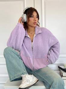 SHEIN EZwear Women's Warm And Casual Purple Furry Jacket - Purple - View 4