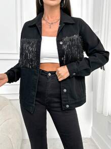 Chaqueta De Mezclilla Con Brillo Y Flecos Para Mujeres Con Botones Delanteros - Negro - Ver 6