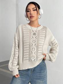 SHEIN Unity Mesh Knit Drop Shoulder Crew Neck Knit Pullover Fall Winter Sweater - Apricot - View 5