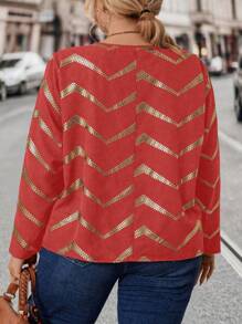 SHEIN LUNE 大碼鋸齒形印花捲邊袖半拉鏈襯衫 - 紅色 - 查看 3