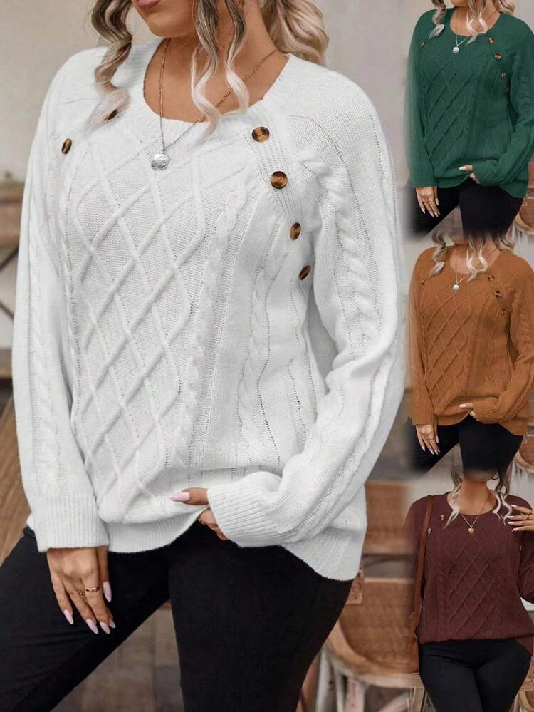 Plus Size Buttoned Cable Ribbed Solid Color Sweater, For Winter Knit Pullover Fall Sweater