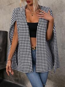 SHEIN Clasi 女款無袖千鳥格紋羊毛大衣 - 黑與白 - 查看 6