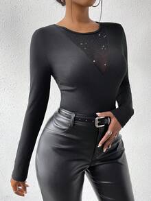 SHEIN Slayr 女款閃亮網眼拼接修身 T 卹 - 黑色 - 查看 3