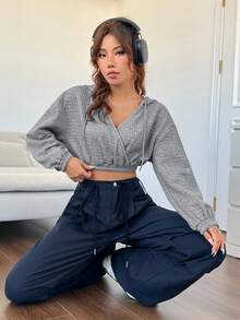 SHEIN EZwear 女士束線帽韓版短版套頭衫 - 灰色 - 查看 6