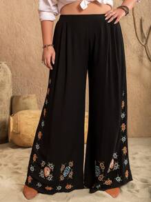 Rusttydustty Plus Size Flower Embroidery Wide Leg Pants - Black - View 4