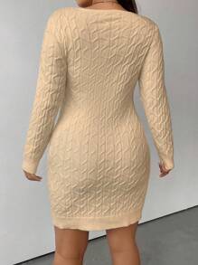 Flirla 大尺碼女款時尚方領喇叭形針織毛衣連身裙 - 杏色 - 查看 2