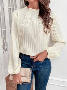 SHEIN Frenchy 純色褶皺細節燈籠袖襯衫 - 杏色 - 查看 4