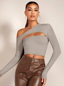 SHEIN BAE 女士不对称肩部镂空短款上衣 - 灰色 - 查看 1