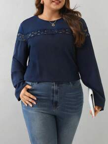 SHEIN Frenchy Women's Plus Size Lace Splice Shirt - Navy Blue - View 1