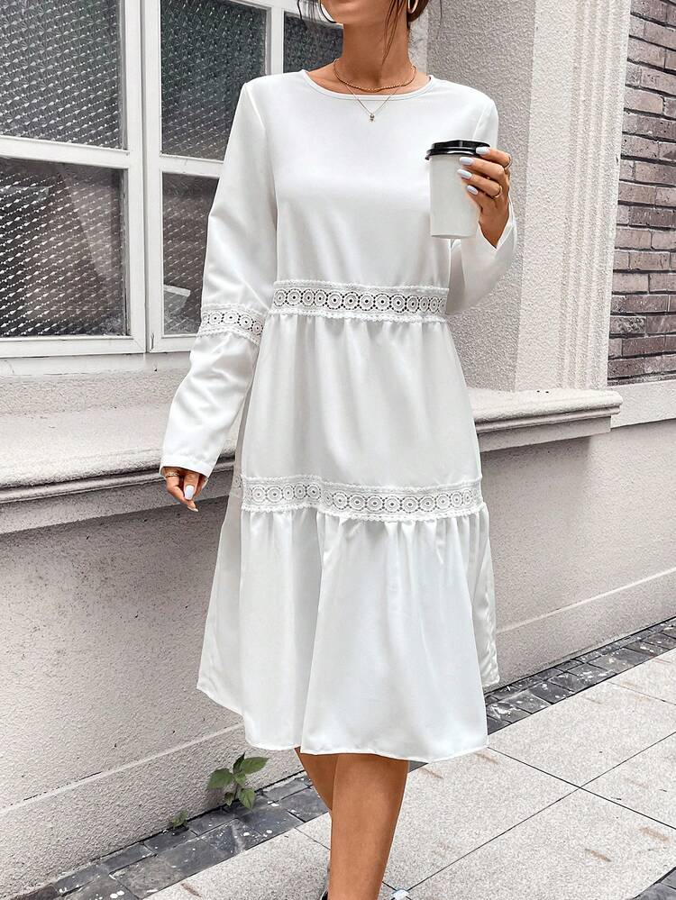 Embroidered Webbing Panel Midi Dress
