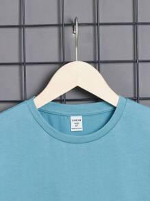 SHEIN Tween Boy Casual Short Sleeve Round Neck T-Shirt, Suitable For Summer - Baby Blue - View 3