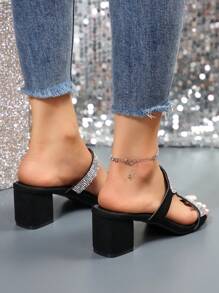 New Rhinestone Embellished Thick Heel Ladies Sandals Valentines - Black - View 6