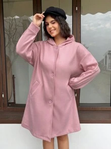 SHEIN EZwear Casaco De Lã Com Capuz E Tamanho Grande Para Mulheres Com Design De Ombro Caído