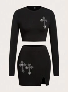 SHEIN ICON Women's Criss-cross Rhinestone Decor Cropped Top And Skirt Two Piece Set - Black - View 1