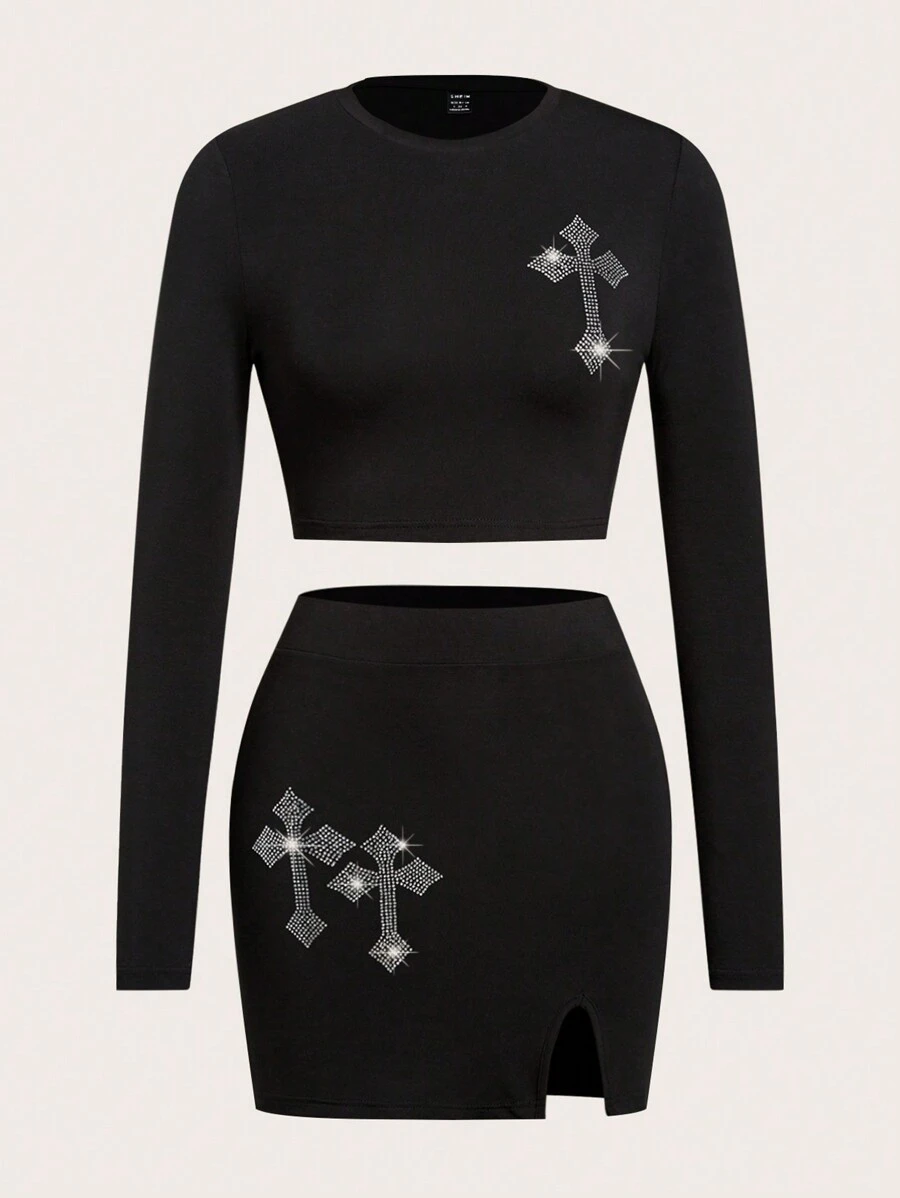 SHEIN ICON Women's Criss-cross Rhinestone Decor Cropped Top And Skirt Two Piece Set - Black - View 1