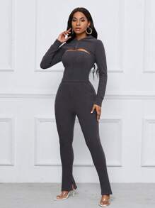 Zolique 3-teiliges Set für Damen bestehend aus Zip-Hoodie, Bandeau-Top und schlitzbesetzter ausgestellter Hose - Dunkelgrau - Übersicht 6