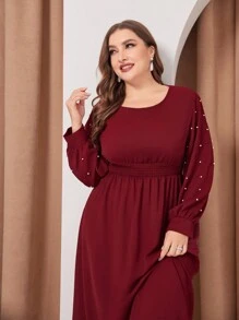 Mulvari 勃艮第红色女士加大码珍珠装饰圆领长袖连衣裙 - 酒紅色 - 查看 4