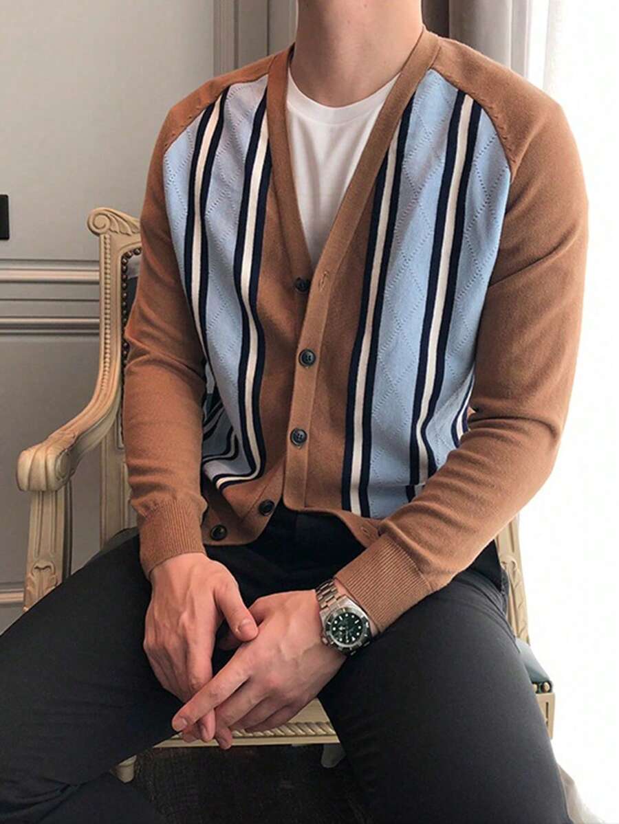 NITAGUT Nam Sọc Nút-Mặt trước Áo len Mở - Màu Khaki - Xem 1