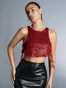 SHEIN BAE 夏季亮片側開叉打結背心 - 紅色 - 查看 1