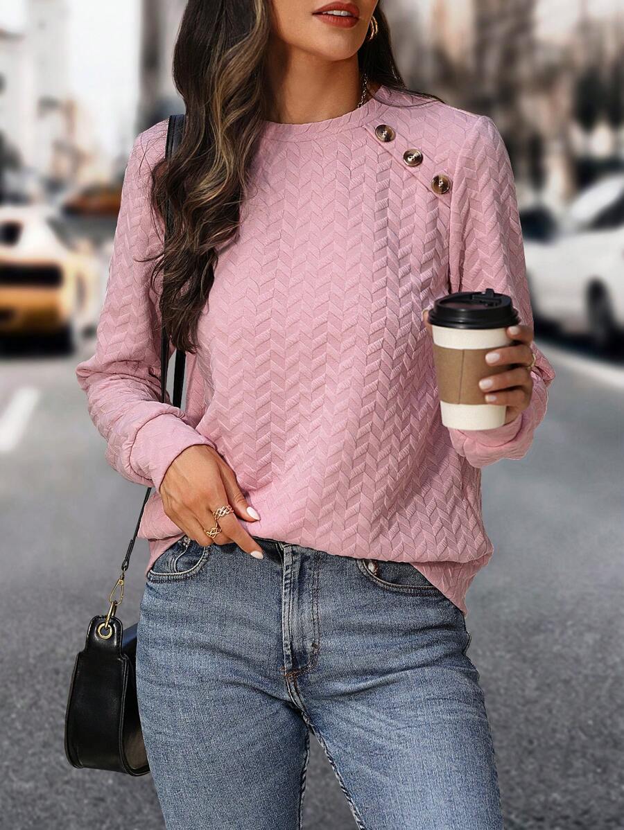 SHEIN LUNE 女士領口長袖運動衫 - 藕粉色 - 查看 1