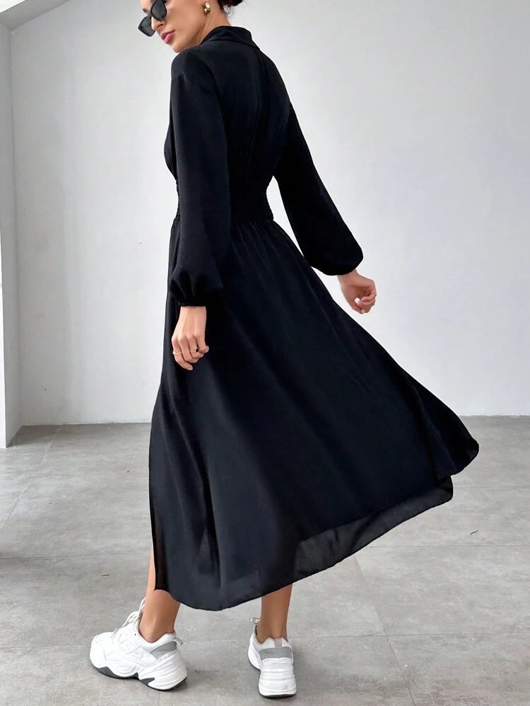 Women's Solid Color Simple Cable Knit Fold Dress With Mid-length