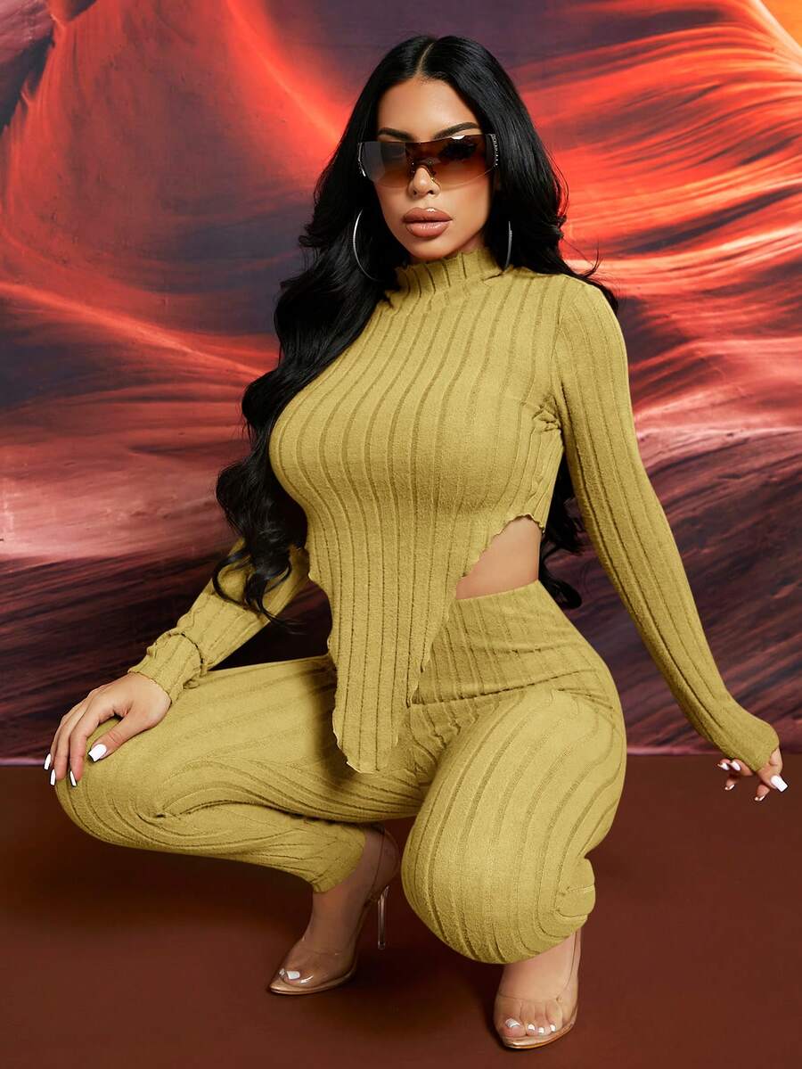 SHEIN SXY Bộ áo thun và quần legging có gân bất đối xứng dành cho nữ - Màu vàng - Xem 1