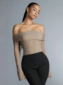 SHEIN BAE 女士露肩褶皺上衣 - 卡其色 - 查看 4