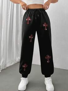 SHEIN Unity Women's Cross Drawstring Waist Sweatpants - Black - View 4