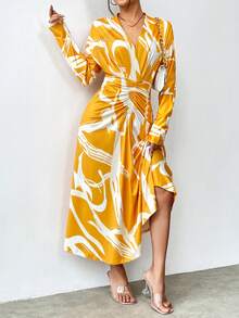 SHEIN Clasi Women's Full Print V-neck Long Sleeve Pleated Dress - Yellow - View 4