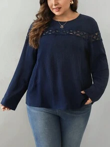 SHEIN Frenchy Women's Plus Size Lace Splice Shirt - Navy Blue - View 4