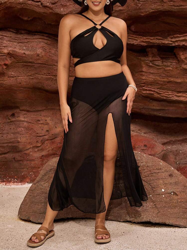 Grande taille couleur unie creux contraste maille Bikini ensemble 3 pièces costume été plage