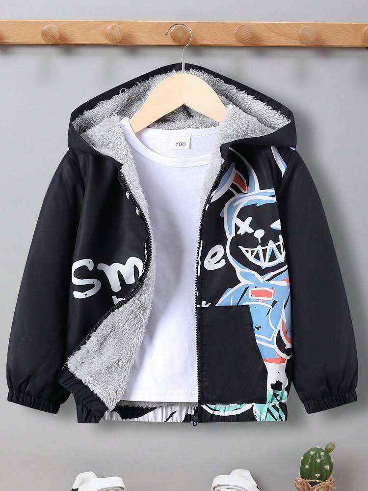 Toddler Boys' Cartoon Letter Printed Zipper Front Hooded Fleece Jacket