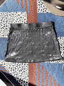 女式修身半身裙罩衫，带水钻装饰，夏季 - 黑色 - 查看 3