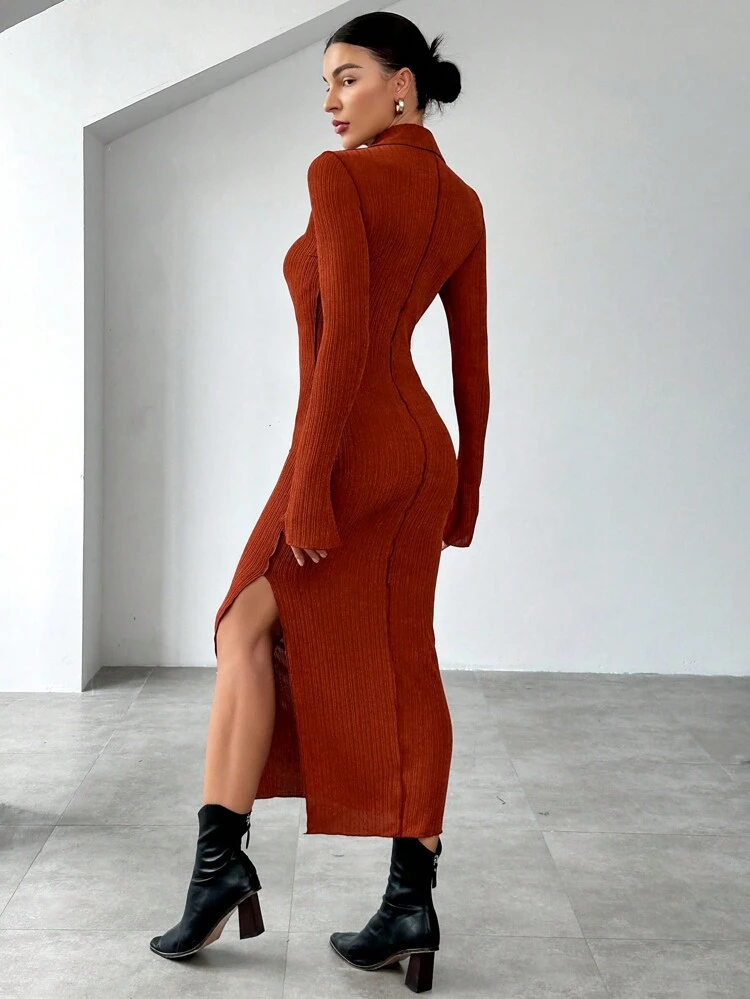Solid Color Polo Neck Women's Dress