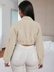 Allurite 女款純色扭結口袋設計長袖襯衫 - 杏色 - 查看 2