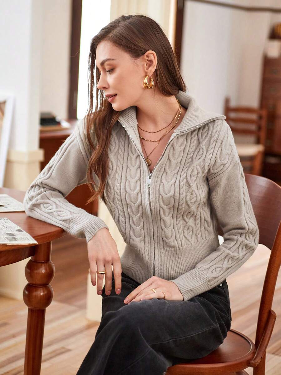 Anewsta Ngắn Thon gọn Dây kéo Xoắn Dan Áo len Mở - Lạc đà - Xem 1