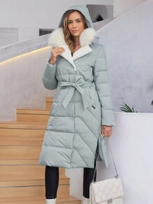 HaiLuoZi Cappotto imbottito con cappuccio, slim fit, dal collo di pelliccia, casual invernale - Grigio - Visualizzare 7