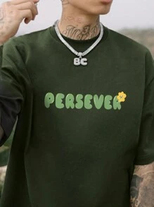 Hombres Camiseta de hombros caídos con estampado de slogan - Verde militar - Ver 5
