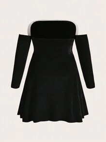 Flirla Plus Size Women'S Frayed Off Shoulder Long Sleeve Patchwork Dress - Black - View 2