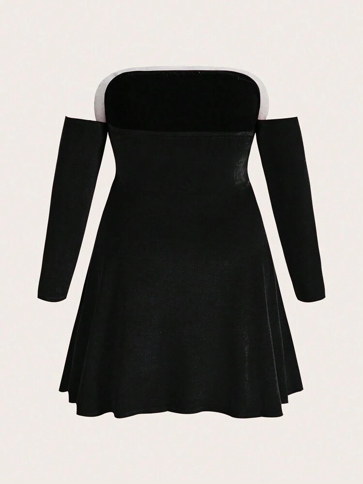 Plus Size Women'S Frayed Off Shoulder Long Sleeve Patchwork Dress