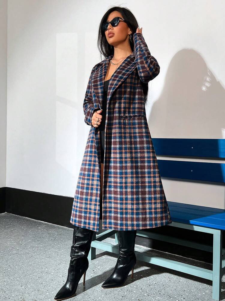 Plaid Turn-down Collar Woolen Coat