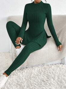 SHEIN Frenchy Mock Neck Split Hem Ribbed Knit Tee & Leggings  Commute Minimalist Office Old Money  Simple Winter Green Casual Christmas Spring - Green - View 5